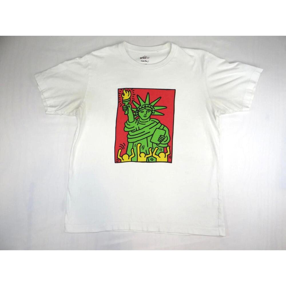 Vintage Keith Haring White Graphic T-Shirt with Statue of Liberty Print - Large‎